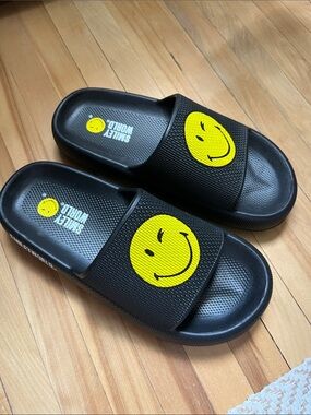 Smiley World Black Slide Sandals with Yellow Smiley